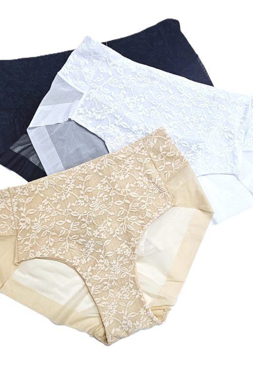 Chiloți fără cusătură de dantelă cu talie înaltă, posterior semitransparent.